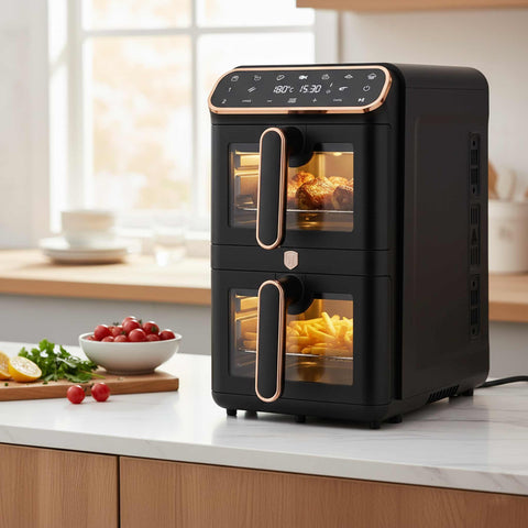 Product image of Dual basket air fryer 5,5+5,5L with visible windows. Part of the Black Rose Collection . Features: • Power: 220-240V ~ 50-60Hz 2460W • Temperature control: 60-200℃ • XXXL SIZE: Capacity: 11L=5,5L+5,5L • Non-stick oil tray and food basket - dishwa.... (Studio view). Official Berlinger Haus product, boosted by Promintra sl.