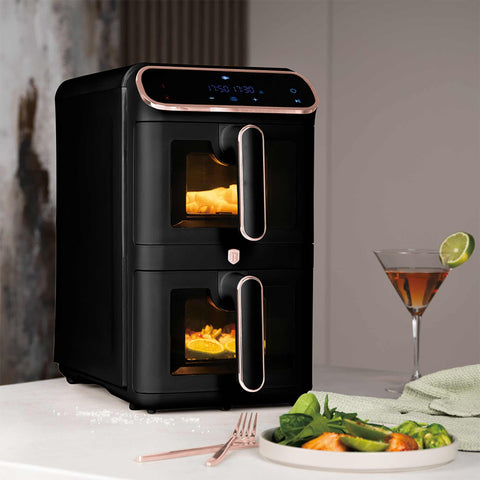 Product image of Dual basket air fryer 5,5+5,5L with visible windows. Part of the Black Rose Collection . Features: • Power: 220-240V ~ 50-60Hz 2460W • Temperature control: 60-200℃ • XXXL SIZE: Capacity: 11L=5,5L+5,5L • Non-stick oil tray and food basket - dishwa.... (Studio view). Official Berlinger Haus product, boosted by Promintra sl.