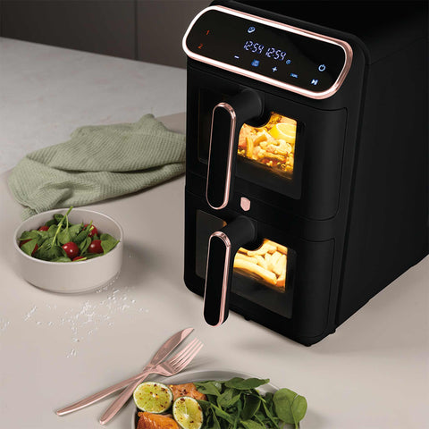 Product image of Dual basket air fryer 5,5+5,5L with visible windows. Part of the Black Rose Collection . Features: • Power: 220-240V ~ 50-60Hz 2460W • Temperature control: 60-200℃ • XXXL SIZE: Capacity: 11L=5,5L+5,5L • Non-stick oil tray and food basket - dishwa.... (Studio view). Official Berlinger Haus product, boosted by Promintra sl.