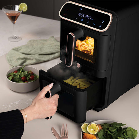 Product image of Dual basket air fryer 5,5+5,5L with visible windows. Part of the Black Rose Collection . Features: • Power: 220-240V ~ 50-60Hz 2460W • Temperature control: 60-200℃ • XXXL SIZE: Capacity: 11L=5,5L+5,5L • Non-stick oil tray and food basket - dishwa.... (Studio view). Official Berlinger Haus product, boosted by Promintra sl.