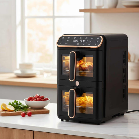 Product image of Dual basket air fryer 5,5+5,5L with visible windows. Part of the Black Rose Collection . Features: • Power: 220-240V ~ 50-60Hz 2460W • Temperature control: 60-200℃ • XXXL SIZE: Capacity: 11L=5,5L+5,5L • Non-stick oil tray and food basket - dishwa.... (Studio view). Official Berlinger Haus product, boosted by Promintra sl.