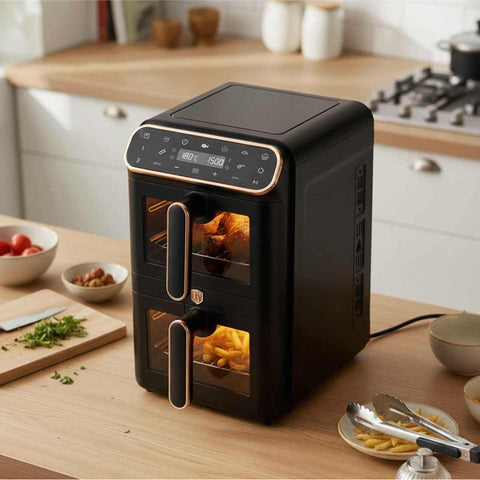 Product image of Dual basket air fryer 5,5+5,5L with visible windows. Part of the Black Rose Collection . Features: • Power: 220-240V ~ 50-60Hz 2460W • Temperature control: 60-200℃ • XXXL SIZE: Capacity: 11L=5,5L+5,5L • Non-stick oil tray and food basket - dishwa.... (Studio view). Official Berlinger Haus product, boosted by Promintra sl.