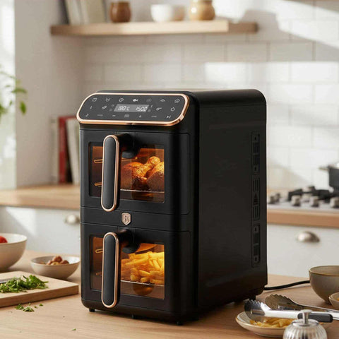 Product image of Dual basket air fryer 5,5+5,5L with visible windows. Part of the Black Rose Collection . Features: • Power: 220-240V ~ 50-60Hz 2460W • Temperature control: 60-200℃ • XXXL SIZE: Capacity: 11L=5,5L+5,5L • Non-stick oil tray and food basket - dishwa.... (Studio view). Official Berlinger Haus product, boosted by Promintra sl.