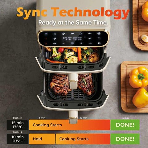 Product image of Dual basket air fryer 5,5+5,5L with visible windows. Part of the Sahara Collection . Features: • Power: 220-240V ~ 50-60Hz 2460W • Temperature control: 60-200℃ • XXXL SIZE: Capacity: 11L=5,5L+5,5L • Non-stick oil tray and food basket - dishwa.... (Studio view). Official Berlinger Haus product, boosted by Promintra sl.