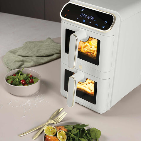 Product image of Dual basket air fryer 5,5+5,5L with visible windows. Part of the Sahara Collection . Features: • Power: 220-240V ~ 50-60Hz 2460W • Temperature control: 60-200℃ • XXXL SIZE: Capacity: 11L=5,5L+5,5L • Non-stick oil tray and food basket - dishwa.... (Studio view). Official Berlinger Haus product, boosted by Promintra sl.