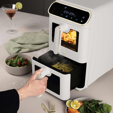 Product image of Dual basket air fryer 5,5+5,5L with visible windows. Part of the Sahara Collection . Features: • Power: 220-240V ~ 50-60Hz 2460W • Temperature control: 60-200℃ • XXXL SIZE: Capacity: 11L=5,5L+5,5L • Non-stick oil tray and food basket - dishwa.... (Studio view). Official Berlinger Haus product, boosted by Promintra sl.