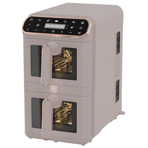 Product image of Dual basket air fryer 5,5+5,5L with visible windows. Part of the Taupe Collection . Features: • Power: 220-240V ~ 50-60Hz 2460W • Temperature control: 60-200℃ • XXXL SIZE: Capacity: 11L=5,5L+5,5L • Non-stick oil tray and food basket - dishwa.... (Studio view). Official Berlinger Haus product, boosted by Promintra sl.