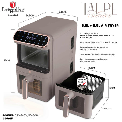 Product image of Dual basket air fryer 5,5+5,5L with visible windows. Part of the Taupe Collection . Features: • Power: 220-240V ~ 50-60Hz 2460W • Temperature control: 60-200℃ • XXXL SIZE: Capacity: 11L=5,5L+5,5L • Non-stick oil tray and food basket - dishwa.... (Studio view). Official Berlinger Haus product, boosted by Promintra sl.