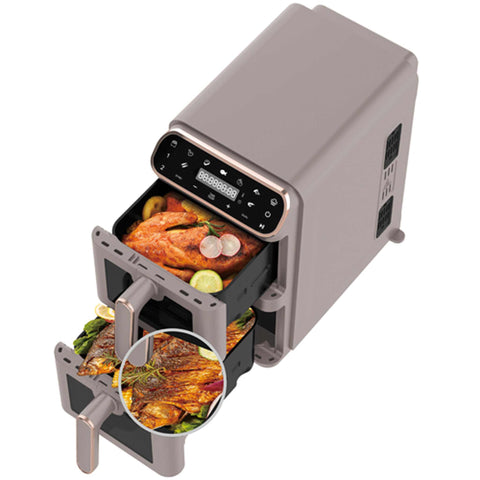Product image of Dual basket air fryer 5,5+5,5L with visible windows. Part of the Taupe Collection . Features: • Power: 220-240V ~ 50-60Hz 2460W • Temperature control: 60-200℃ • XXXL SIZE: Capacity: 11L=5,5L+5,5L • Non-stick oil tray and food basket - dishwa.... (Studio view). Official Berlinger Haus product, boosted by Promintra sl.