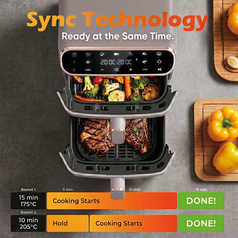 Product image of Dual basket air fryer 5,5+5,5L with visible windows. Part of the Taupe Collection . Features: • Power: 220-240V ~ 50-60Hz 2460W • Temperature control: 60-200℃ • XXXL SIZE: Capacity: 11L=5,5L+5,5L • Non-stick oil tray and food basket - dishwa.... (Studio view). Official Berlinger Haus product, boosted by Promintra sl.