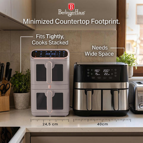 Product image of Dual basket air fryer 5,5+5,5L with visible windows. Part of the Taupe Collection . Features: • Power: 220-240V ~ 50-60Hz 2460W • Temperature control: 60-200℃ • XXXL SIZE: Capacity: 11L=5,5L+5,5L • Non-stick oil tray and food basket - dishwa.... (Studio view). Official Berlinger Haus product, boosted by Promintra sl.