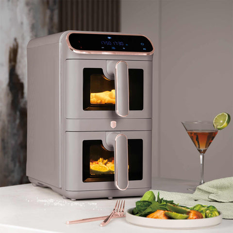 Product image of Dual basket air fryer 5,5+5,5L with visible windows. Part of the Taupe Collection . Features: • Power: 220-240V ~ 50-60Hz 2460W • Temperature control: 60-200℃ • XXXL SIZE: Capacity: 11L=5,5L+5,5L • Non-stick oil tray and food basket - dishwa.... (Studio view). Official Berlinger Haus product, boosted by Promintra sl.