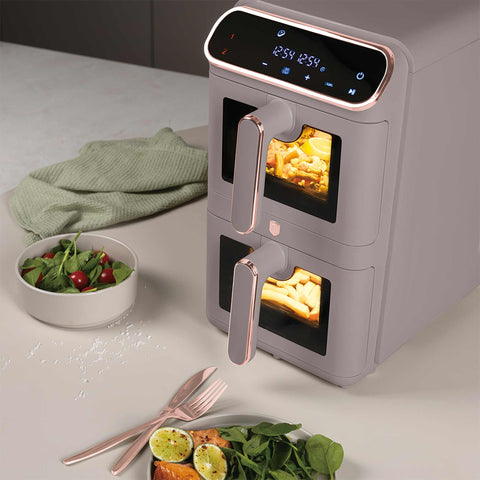 Product image of Dual basket air fryer 5,5+5,5L with visible windows. Part of the Taupe Collection . Features: • Power: 220-240V ~ 50-60Hz 2460W • Temperature control: 60-200℃ • XXXL SIZE: Capacity: 11L=5,5L+5,5L • Non-stick oil tray and food basket - dishwa.... (Studio view). Official Berlinger Haus product, boosted by Promintra sl.