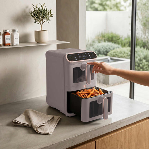 Product image of Dual basket air fryer 5,5+5,5L with visible windows. Part of the Taupe Collection . Features: • Power: 220-240V ~ 50-60Hz 2460W • Temperature control: 60-200℃ • XXXL SIZE: Capacity: 11L=5,5L+5,5L • Non-stick oil tray and food basket - dishwa.... (Studio view). Official Berlinger Haus product, boosted by Promintra sl.