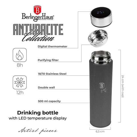 Product image of Drinking bottle with LED temperature display 0,5L. Part of the Anthracite Collection . Features: • Material: inner body 18/10 stainless steel with matt powder coating • Capacity: 0,5 L • 18/10 stainless steel purifying filter • Color: matt anth.... (Studio view). Official Berlinger Haus product, boosted by Promintra sl.