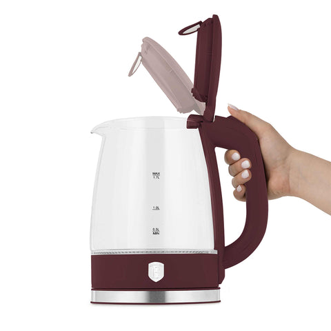 Product image of Electric glass kettle. Part of the Leonardo Collection . Features: • Material: stainless steel, borosilicate glass and plastic • Capacity: 1,7L • Voltage: 220-240V,50/60Hz • Power: 1850-2200W • Size: 22,3*16,1*24,2.... (Studio view). Official Berlinger Haus product, boosted by Promintra sl.