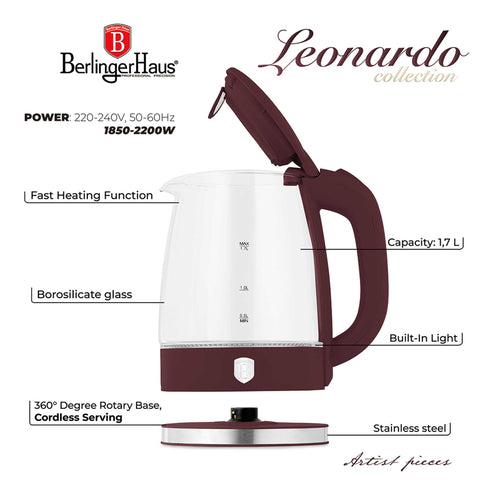 Product image of Electric glass kettle. Part of the Leonardo Collection . Features: • Material: stainless steel, borosilicate glass and plastic • Capacity: 1,7L • Voltage: 220-240V,50/60Hz • Power: 1850-2200W • Size: 22,3*16,1*24,2.... (Studio view). Official Berlinger Haus product, boosted by Promintra sl.