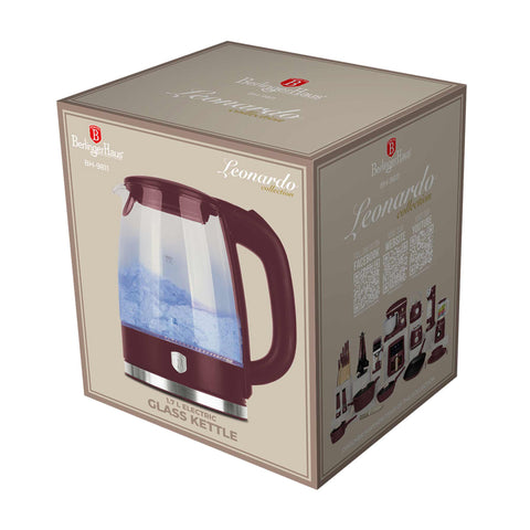 Product image of Electric glass kettle. Part of the Leonardo Collection . Features: • Material: stainless steel, borosilicate glass and plastic • Capacity: 1,7L • Voltage: 220-240V,50/60Hz • Power: 1850-2200W • Size: 22,3*16,1*24,2.... (Studio view). Official Berlinger Haus product, boosted by Promintra sl.