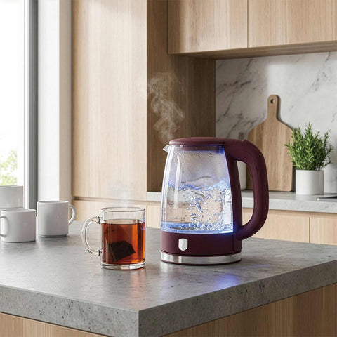 Product image of Electric glass kettle. Part of the Leonardo Collection . Features: • Material: stainless steel, borosilicate glass and plastic • Capacity: 1,7L • Voltage: 220-240V,50/60Hz • Power: 1850-2200W • Size: 22,3*16,1*24,2.... (Studio view). Official Berlinger Haus product, boosted by Promintra sl.
