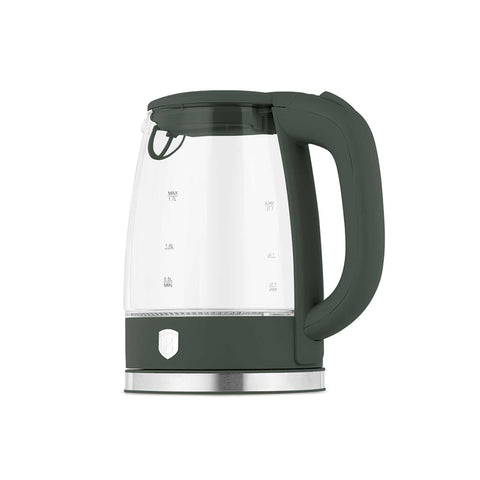 Product image of Electric glass kettle. Part of the Matte Green Collection . Features: • Material: stainless steel, borosilicate glass and plastic • Capacity: 1,7L • Voltage: 220-240V,50/60Hz • Power: 1850-2200W • Size: 22,3*16,1*24,2.... (Studio view). Official Berlinger Haus product, boosted by Promintra sl.