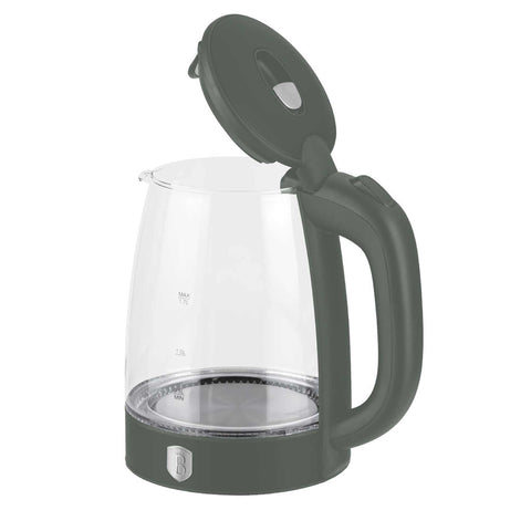 Product image of Electric glass kettle. Part of the Matte Green Collection . Features: • Material: stainless steel, borosilicate glass and plastic • Capacity: 1,7L • Voltage: 220-240V,50/60Hz • Power: 1850-2200W • Size: 22,3*16,1*24,2.... (Studio view). Official Berlinger Haus product, boosted by Promintra sl.