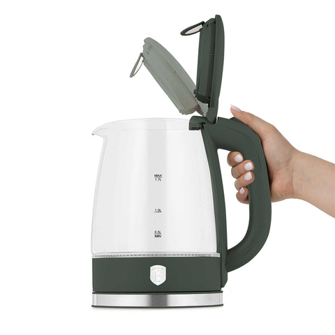 Product image of Electric glass kettle. Part of the Matte Green Collection . Features: • Material: stainless steel, borosilicate glass and plastic • Capacity: 1,7L • Voltage: 220-240V,50/60Hz • Power: 1850-2200W • Size: 22,3*16,1*24,2.... (Studio view). Official Berlinger Haus product, boosted by Promintra sl.