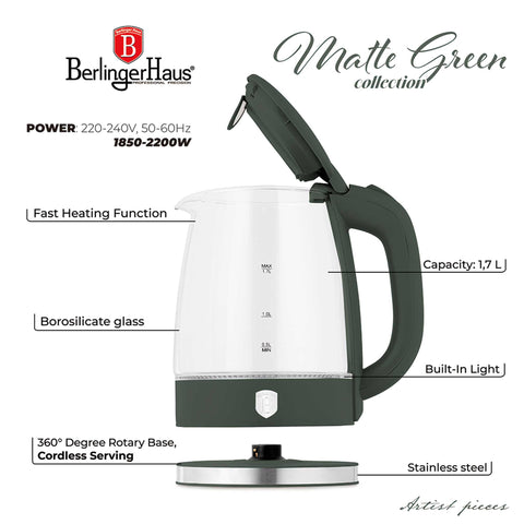 Product image of Electric glass kettle. Part of the Matte Green Collection . Features: • Material: stainless steel, borosilicate glass and plastic • Capacity: 1,7L • Voltage: 220-240V,50/60Hz • Power: 1850-2200W • Size: 22,3*16,1*24,2.... (Studio view). Official Berlinger Haus product, boosted by Promintra sl.
