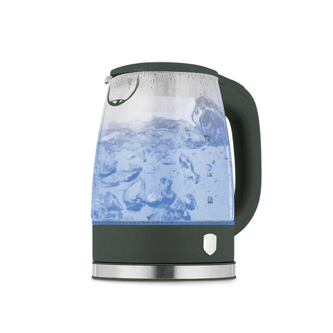 Product image of Electric glass kettle. Part of the Matte Green Collection . Features: • Material: stainless steel, borosilicate glass and plastic • Capacity: 1,7L • Voltage: 220-240V,50/60Hz • Power: 1850-2200W • Size: 22,3*16,1*24,2.... (Studio view). Official Berlinger Haus product, boosted by Promintra sl.