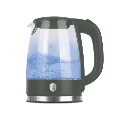 Product image of Electric glass kettle. Part of the Matte Green Collection . Features: • Material: stainless steel, borosilicate glass and plastic • Capacity: 1,7L • Voltage: 220-240V,50/60Hz • Power: 1850-2200W • Size: 22,3*16,1*24,2.... (Studio view). Official Berlinger Haus product, boosted by Promintra sl.
