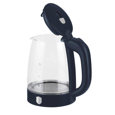 Product image of Electric glass kettle. Part of the Deep Sea Collection . Features: • Material: stainless steel, borosilicate glass and plastic • Capacity: 1,7L • Voltage: 220-240V,50/60Hz • Power: 1850-2200W • Size: 22,3*16,1*24,2.... (Studio view). Official Berlinger Haus product, boosted by Promintra sl.