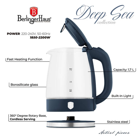 Product image of Electric glass kettle. Part of the Deep Sea Collection . Features: • Material: stainless steel, borosilicate glass and plastic • Capacity: 1,7L • Voltage: 220-240V,50/60Hz • Power: 1850-2200W • Size: 22,3*16,1*24,2.... (Studio view). Official Berlinger Haus product, boosted by Promintra sl.