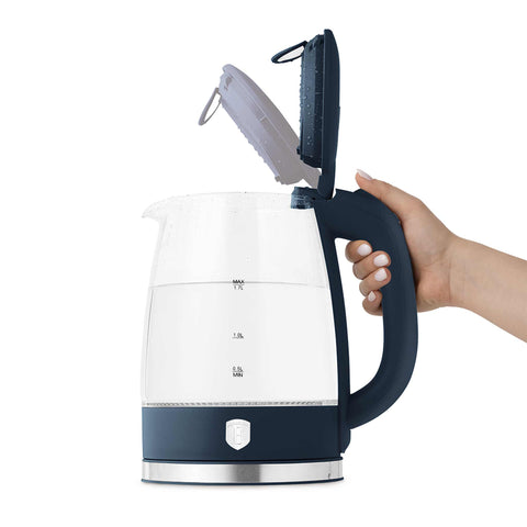 Product image of Electric glass kettle. Part of the Deep Sea Collection . Features: • Material: stainless steel, borosilicate glass and plastic • Capacity: 1,7L • Voltage: 220-240V,50/60Hz • Power: 1850-2200W • Size: 22,3*16,1*24,2.... (Studio view). Official Berlinger Haus product, boosted by Promintra sl.