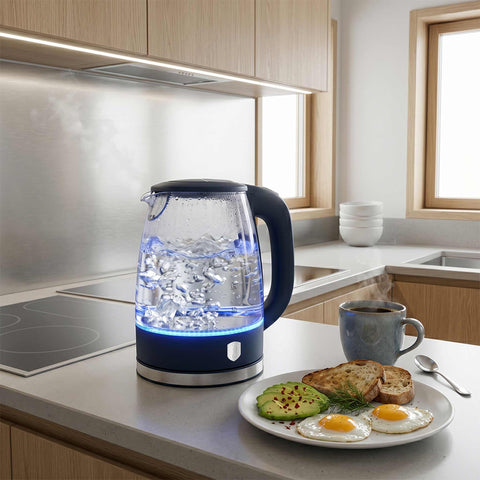 Product image of Electric glass kettle. Part of the Deep Sea Collection . Features: • Material: stainless steel, borosilicate glass and plastic • Capacity: 1,7L • Voltage: 220-240V,50/60Hz • Power: 1850-2200W • Size: 22,3*16,1*24,2.... (Studio view). Official Berlinger Haus product, boosted by Promintra sl.