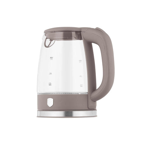 Product image of Electric glass kettle. Part of the Taupe Collection . Features: • Material: stainless steel, borosilicate glass and plastic • Capacity: 1,7L • Voltage: 220-240V,50/60Hz • Power: 1850-2200W • Size: 22,3*16,1*24,2.... (Studio view). Official Berlinger Haus product, boosted by Promintra sl.