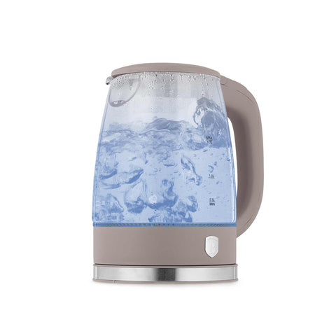 Product image of Electric glass kettle. Part of the Taupe Collection . Features: • Material: stainless steel, borosilicate glass and plastic • Capacity: 1,7L • Voltage: 220-240V,50/60Hz • Power: 1850-2200W • Size: 22,3*16,1*24,2.... (Studio view). Official Berlinger Haus product, boosted by Promintra sl.