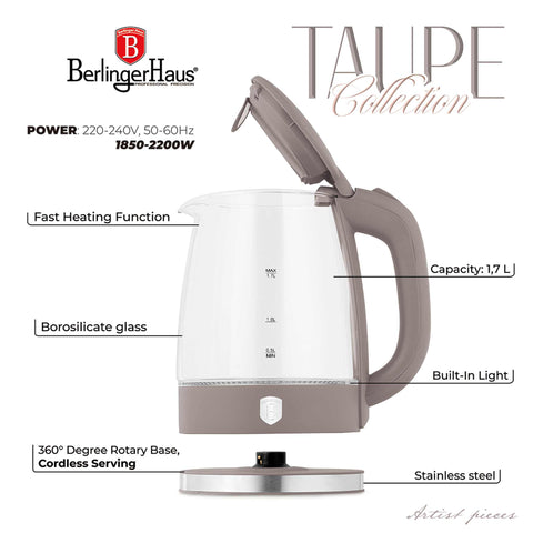 Product image of Electric glass kettle. Part of the Taupe Collection . Features: • Material: stainless steel, borosilicate glass and plastic • Capacity: 1,7L • Voltage: 220-240V,50/60Hz • Power: 1850-2200W • Size: 22,3*16,1*24,2.... (Studio view). Official Berlinger Haus product, boosted by Promintra sl.