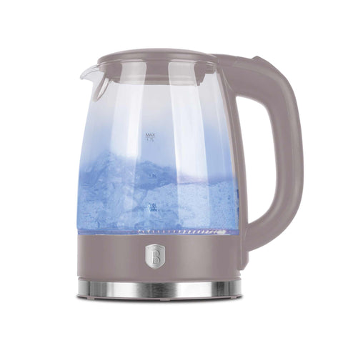 Product image of Electric glass kettle. Part of the Taupe Collection . Features: • Material: stainless steel, borosilicate glass and plastic • Capacity: 1,7L • Voltage: 220-240V,50/60Hz • Power: 1850-2200W • Size: 22,3*16,1*24,2.... (Studio view). Official Berlinger Haus product, boosted by Promintra sl.