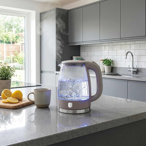 Product image of Electric glass kettle. Part of the Taupe Collection . Features: • Material: stainless steel, borosilicate glass and plastic • Capacity: 1,7L • Voltage: 220-240V,50/60Hz • Power: 1850-2200W • Size: 22,3*16,1*24,2.... (Studio view). Official Berlinger Haus product, boosted by Promintra sl.