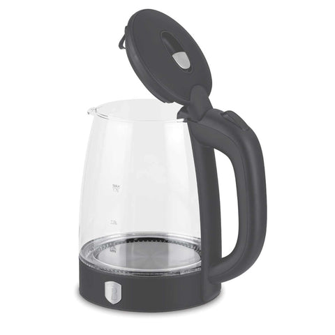 Product image of Electric glass kettle. Part of the Anthracite Collection . Features: • Material: stainless steel, borosilicate glass and plastic • Capacity: 1,7L • Voltage: 220-240V,50/60Hz • Power: 1850-2200W • Size: 22,3*16,1*24,2.... (Studio view). Official Berlinger Haus product, boosted by Promintra sl.