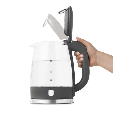 Product image of Electric glass kettle. Part of the Anthracite Collection . Features: • Material: stainless steel, borosilicate glass and plastic • Capacity: 1,7L • Voltage: 220-240V,50/60Hz • Power: 1850-2200W • Size: 22,3*16,1*24,2.... (Studio view). Official Berlinger Haus product, boosted by Promintra sl.