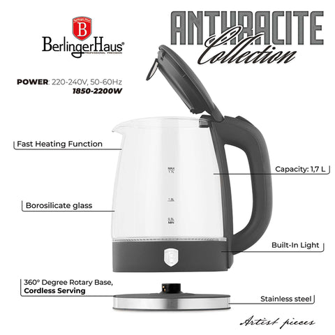 Product image of Electric glass kettle. Part of the Anthracite Collection . Features: • Material: stainless steel, borosilicate glass and plastic • Capacity: 1,7L • Voltage: 220-240V,50/60Hz • Power: 1850-2200W • Size: 22,3*16,1*24,2.... (Studio view). Official Berlinger Haus product, boosted by Promintra sl.