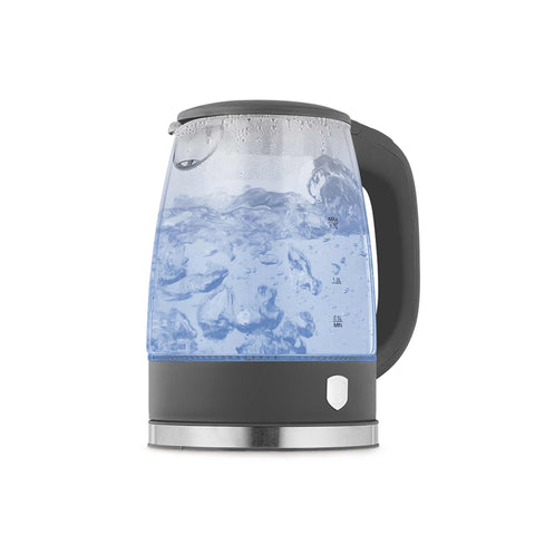 Product image of Electric glass kettle. Part of the Anthracite Collection . Features: • Material: stainless steel, borosilicate glass and plastic • Capacity: 1,7L • Voltage: 220-240V,50/60Hz • Power: 1850-2200W • Size: 22,3*16,1*24,2.... (Studio view). Official Berlinger Haus product, boosted by Promintra sl.