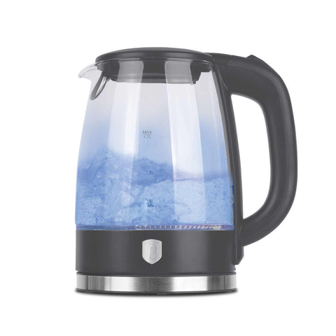 Product image of Electric glass kettle. Part of the Anthracite Collection . Features: • Material: stainless steel, borosilicate glass and plastic • Capacity: 1,7L • Voltage: 220-240V,50/60Hz • Power: 1850-2200W • Size: 22,3*16,1*24,2.... (Studio view). Official Berlinger Haus product, boosted by Promintra sl.