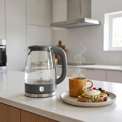Product image of Electric glass kettle. Part of the Anthracite Collection . Features: • Material: stainless steel, borosilicate glass and plastic • Capacity: 1,7L • Voltage: 220-240V,50/60Hz • Power: 1850-2200W • Size: 22,3*16,1*24,2.... (Studio view). Official Berlinger Haus product, boosted by Promintra sl.