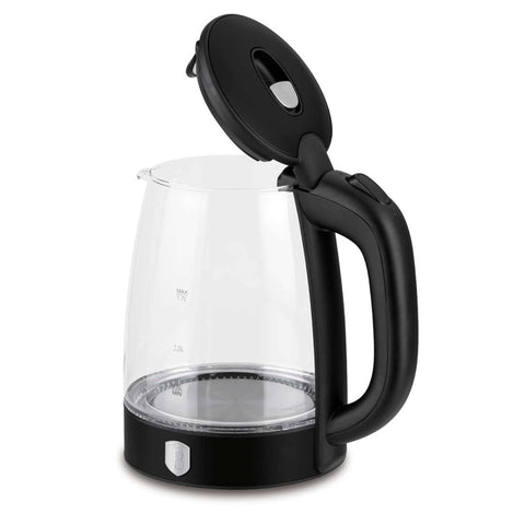 Product image of Electric glass kettle. Part of the Black Vantage Collection/Matte Black Collection/Black Silver Collection . Features: • Material: stainless steel, borosilicate glass and plastic • Capacity: 1,7L • Voltage: 220-240V,50/60Hz • Power: 1850-2200W • Size: 22,3*16,1*24,2.... (Studio view). Official Berlinger Haus product, boosted by Promintra sl.