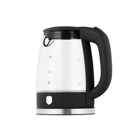 Product image of Electric glass kettle. Part of the Black Vantage Collection/Matte Black Collection/Black Silver Collection . Features: • Material: stainless steel, borosilicate glass and plastic • Capacity: 1,7L • Voltage: 220-240V,50/60Hz • Power: 1850-2200W • Size: 22,3*16,1*24,2.... (Studio view). Official Berlinger Haus product, boosted by Promintra sl.
