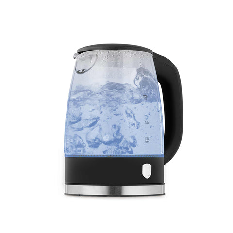 Product image of Electric glass kettle. Part of the Black Vantage Collection/Matte Black Collection/Black Silver Collection . Features: • Material: stainless steel, borosilicate glass and plastic • Capacity: 1,7L • Voltage: 220-240V,50/60Hz • Power: 1850-2200W • Size: 22,3*16,1*24,2.... (Studio view). Official Berlinger Haus product, boosted by Promintra sl.