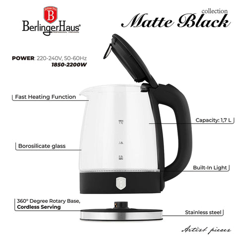 Product image of Electric glass kettle. Part of the Black Vantage Collection/Matte Black Collection/Black Silver Collection . Features: • Material: stainless steel, borosilicate glass and plastic • Capacity: 1,7L • Voltage: 220-240V,50/60Hz • Power: 1850-2200W • Size: 22,3*16,1*24,2.... (Studio view). Official Berlinger Haus product, boosted by Promintra sl.
