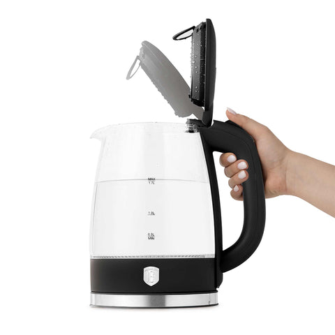 Product image of Electric glass kettle. Part of the Black Vantage Collection/Matte Black Collection/Black Silver Collection . Features: • Material: stainless steel, borosilicate glass and plastic • Capacity: 1,7L • Voltage: 220-240V,50/60Hz • Power: 1850-2200W • Size: 22,3*16,1*24,2.... (Studio view). Official Berlinger Haus product, boosted by Promintra sl.
