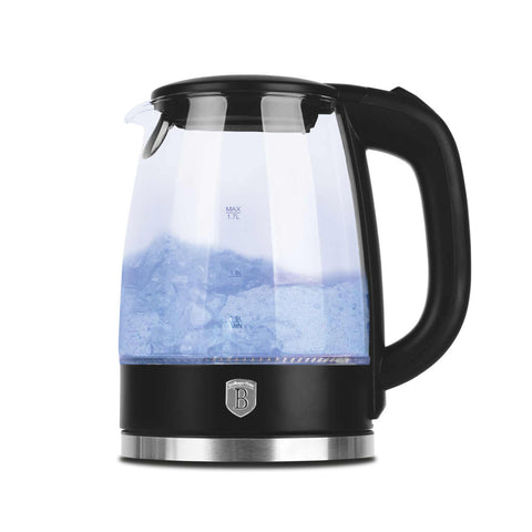 Product image of Electric glass kettle. Part of the Black Vantage Collection/Matte Black Collection/Black Silver Collection . Features: • Material: stainless steel, borosilicate glass and plastic • Capacity: 1,7L • Voltage: 220-240V,50/60Hz • Power: 1850-2200W • Size: 22,3*16,1*24,2.... (Studio view). Official Berlinger Haus product, boosted by Promintra sl.